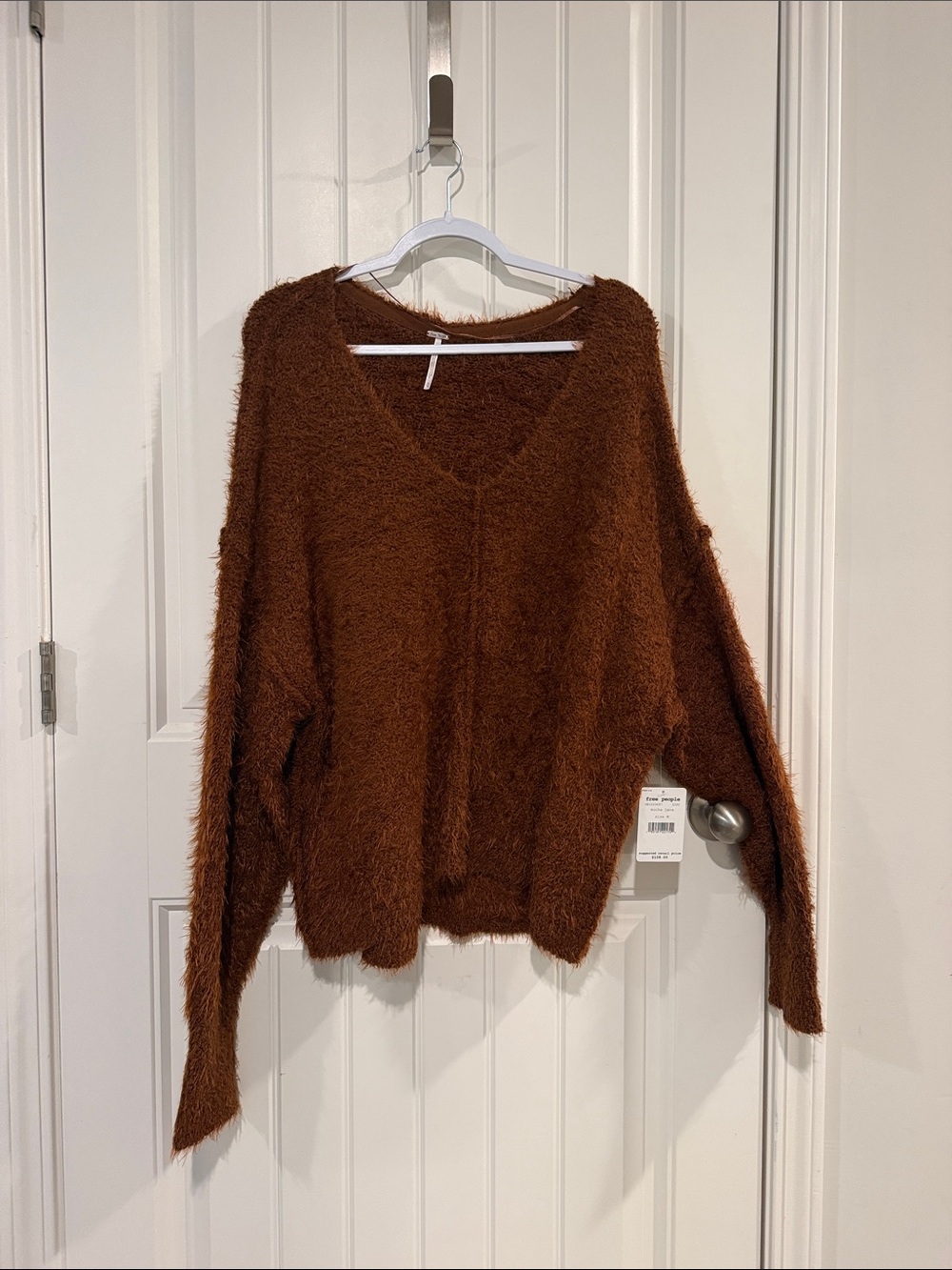 NWT Free People Cozy V-Neck Fuzzy Sweater in Rust Brown